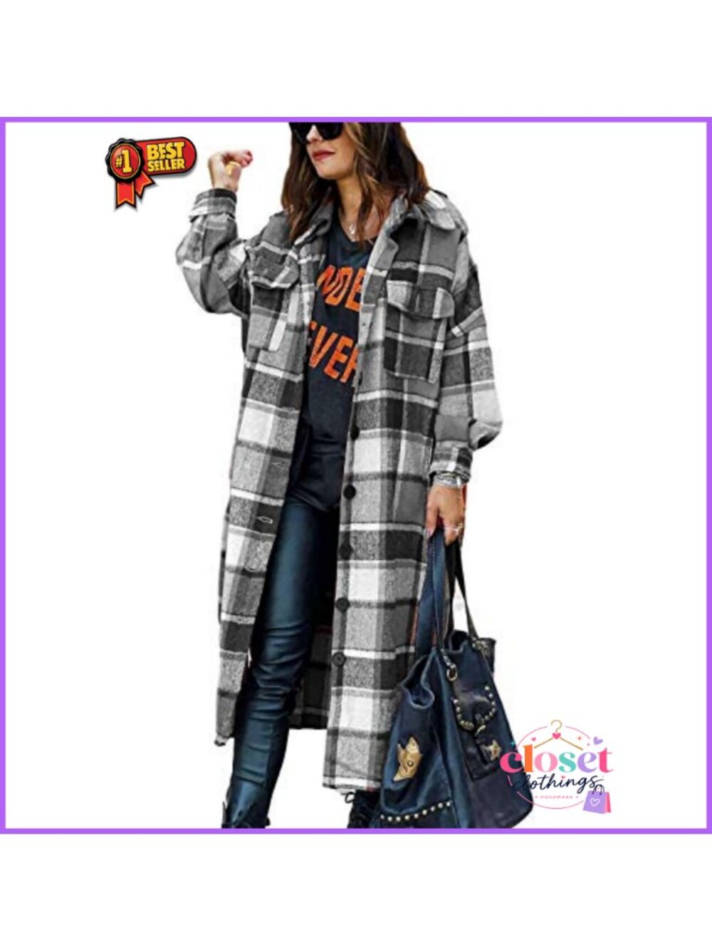 Oversized Long Plaid Shacket Button Down Shirt Coat Tartan Jacket